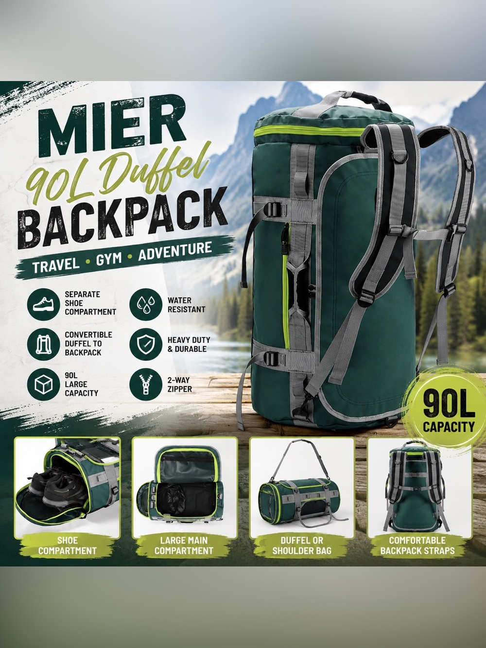 NWT MIER 90L Large Duffel Backpack Gym Travel Bag Shoe Compartment Green